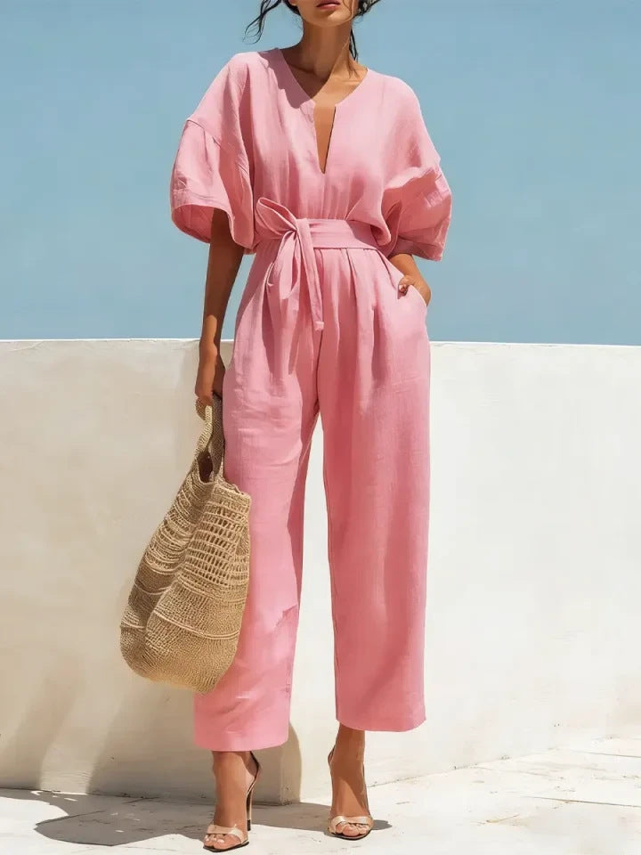 Women's Casual Linen Jumpsuit with Lantern Sleeves