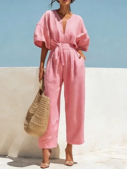Women's Casual Linen Jumpsuit with Lantern Sleeves