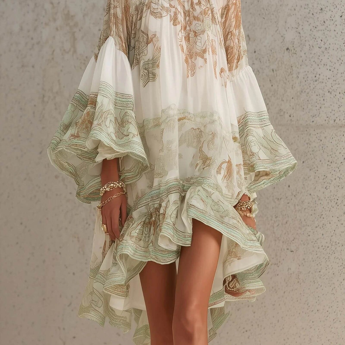 Boho Printed Ruffled Flare Sleeve Stretchy Polyester Womens Mini Dress