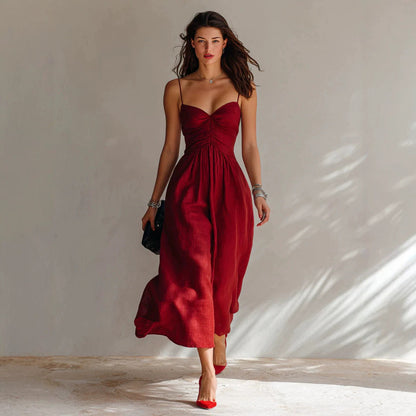 Linen Spaghetti Strap Sweetheart Ruched Bust Flowy Midi Dress