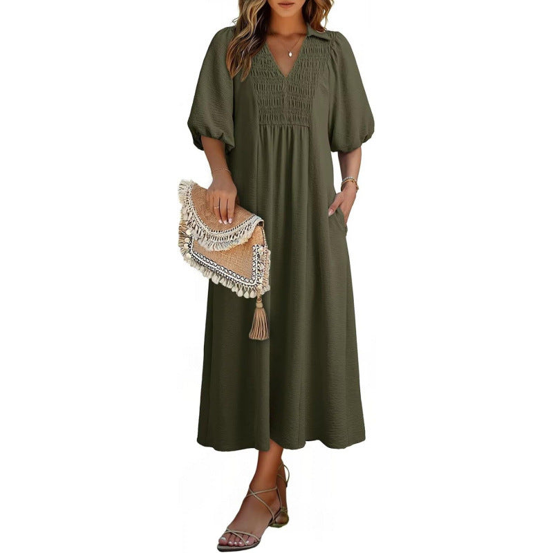 Smocked V‑Neck Puff‑Sleeve Midi Dress - Green / S