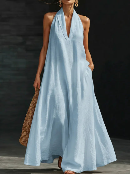 Robe longue élégante noire à col licou – Robe d'été décontractée ample en coton lin avec poches