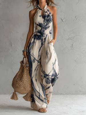 Halter Neck Ink‑Wash Floral Wide‑Leg Jumpsuit