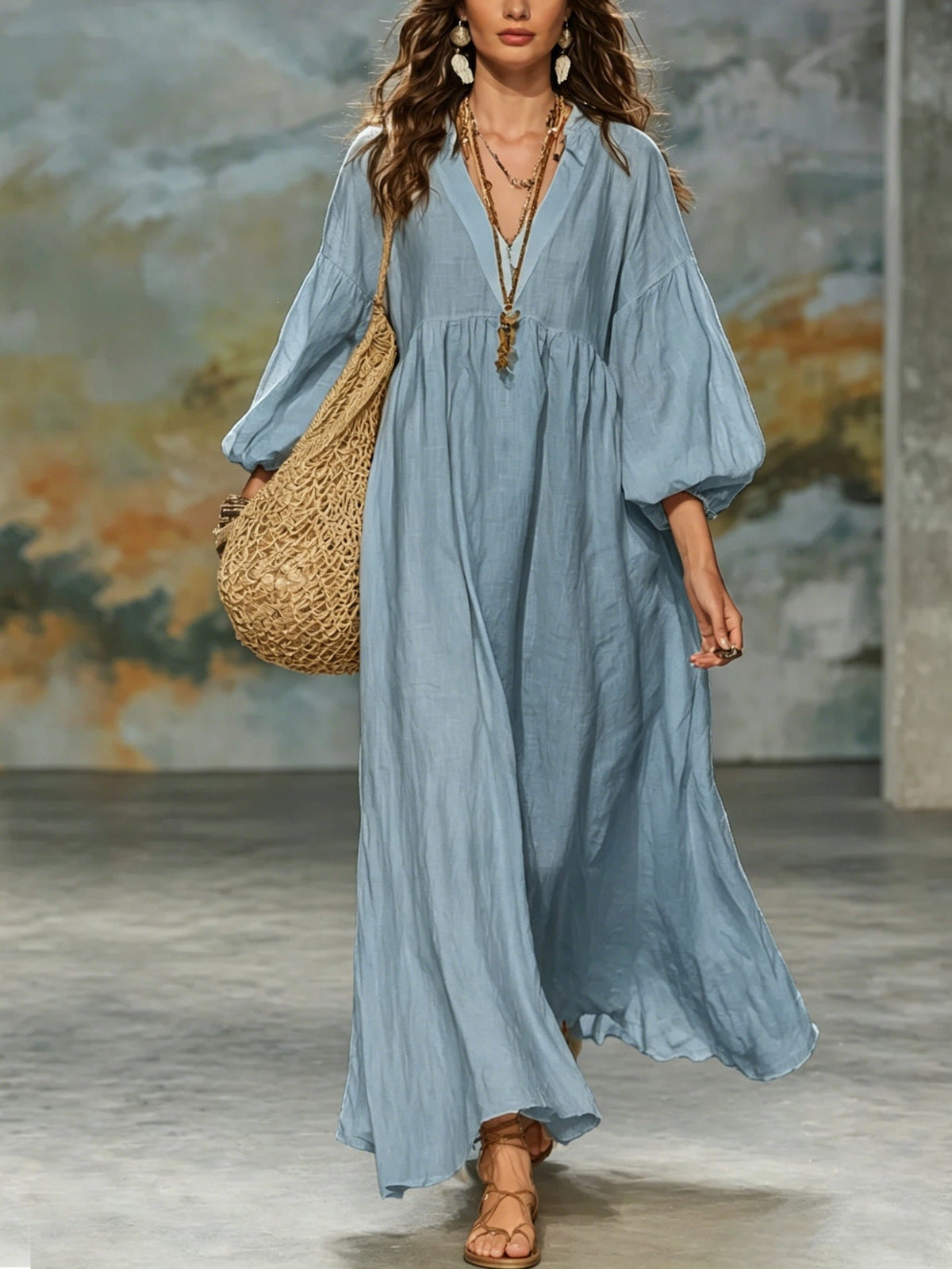 Robe longue Bohème col en V manches ballon en lin mélangé