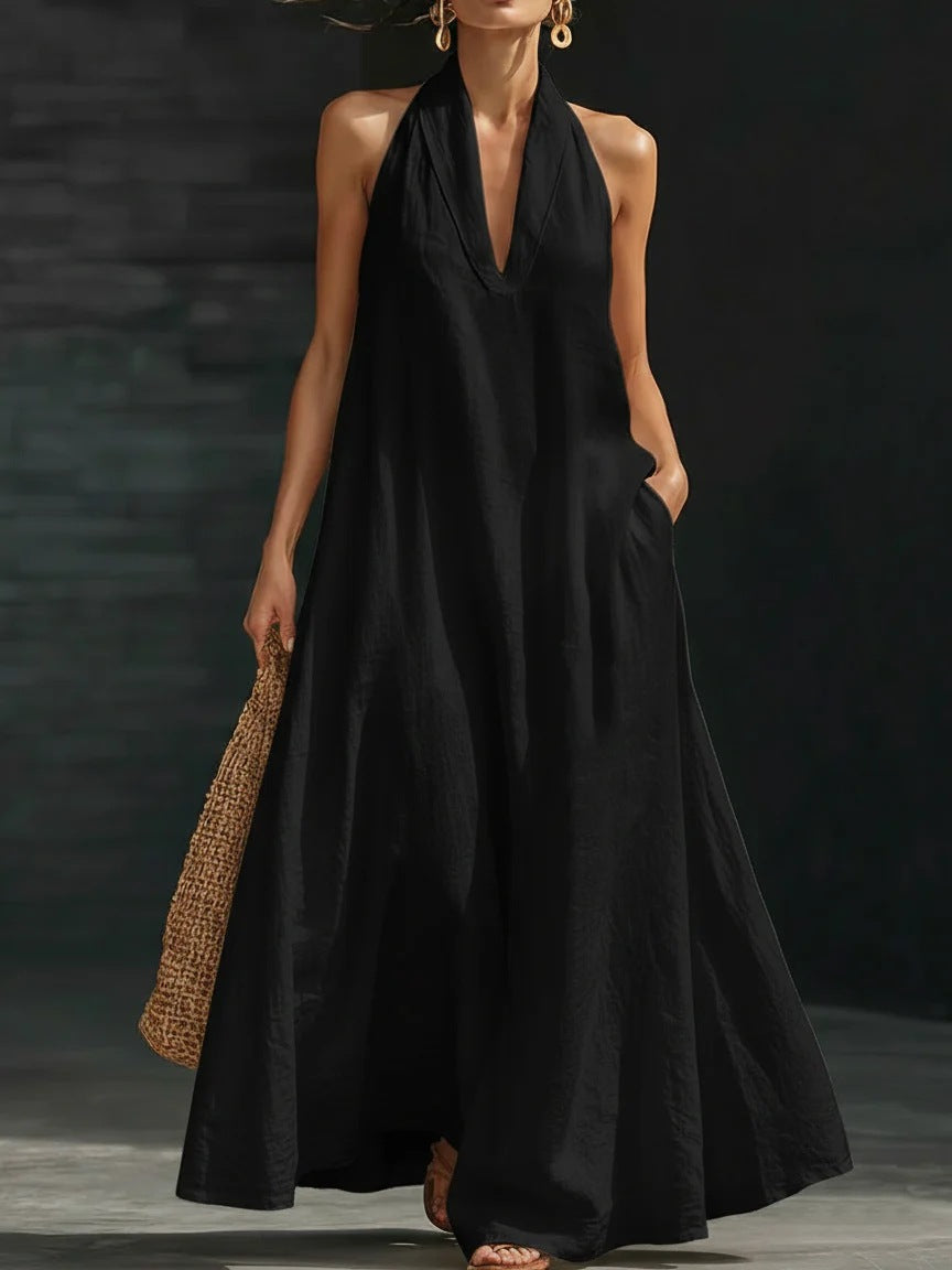 Robe longue élégante noire à col licou – Robe d'été décontractée ample en coton lin avec poches