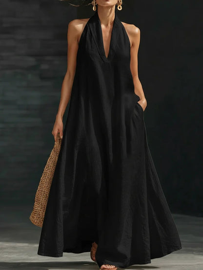 Robe longue élégante noire à col licou – Robe d'été décontractée ample en coton lin avec poches