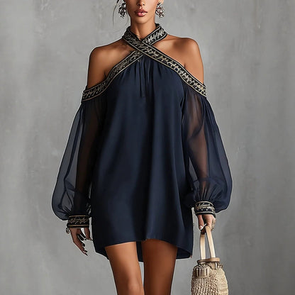 Embroidered Trim Sheer Long Sleeve Loose Tunic Dress