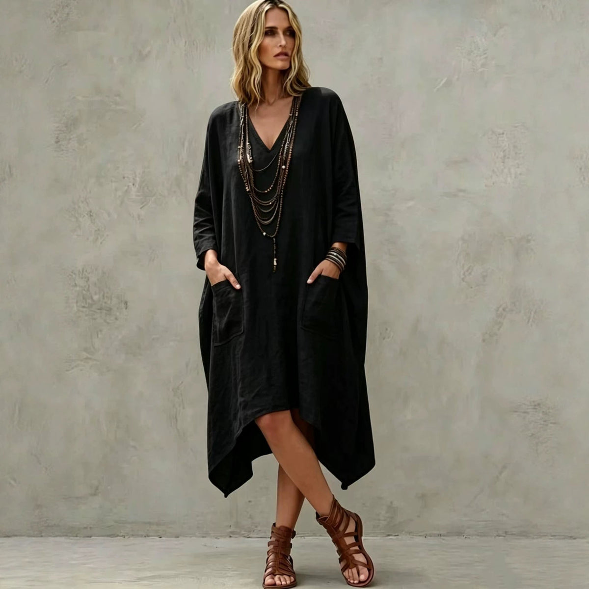 Linen Blend V-Neck 3/4 Sleeve Irregular Hem Midi Dress With Side Pockets