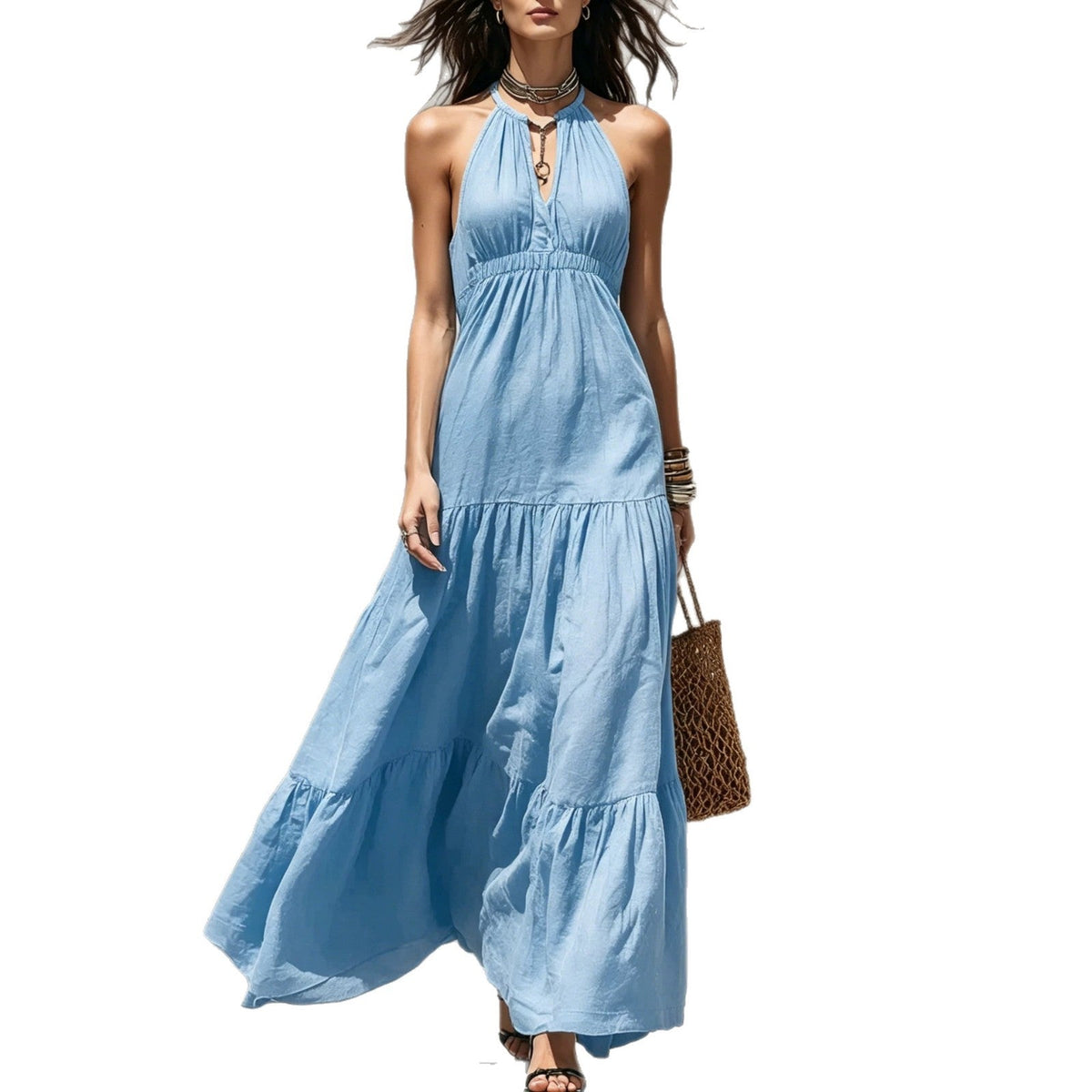 Halter Keyhole Neck Crinkled Tiered Maxi Dress