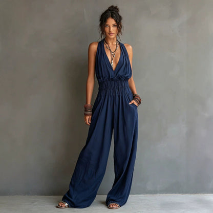 Halter Deep V Smocked Elastic Waist Wide Leg Palazzo Jumpsuit