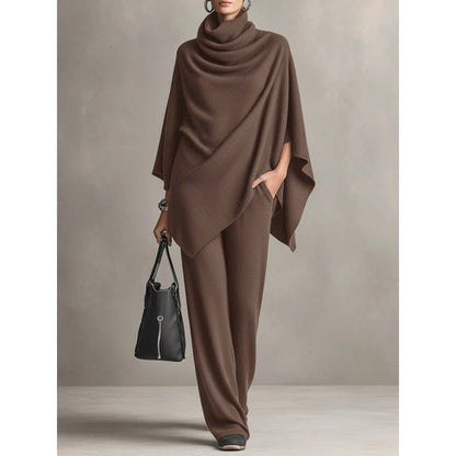 Cowl Neck Knit Poncho & Wide‑Leg Pants Two‑Piece Set