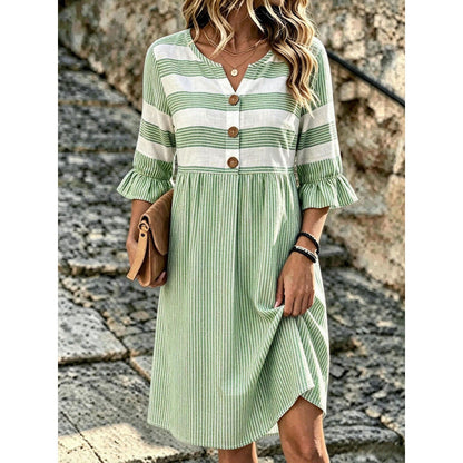 Robe mi-longue en lin mélangé à imprimé rayé et motifs mélangés Stripe