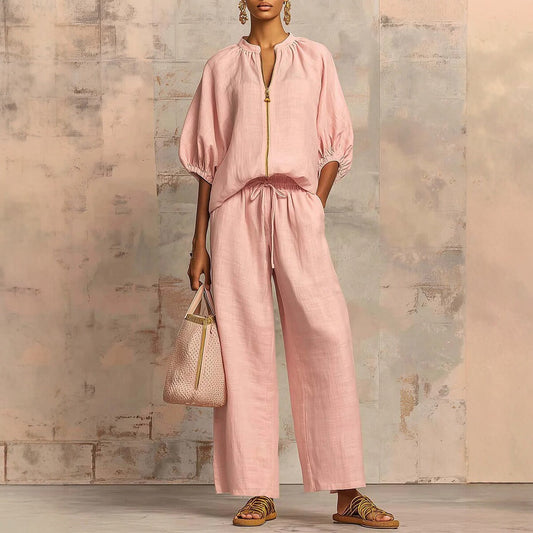 Nouveautés🔥 Ensemble deux‑pièces en lin et coton : chemise zippée élégante et confortable et pantalon à jambes larges