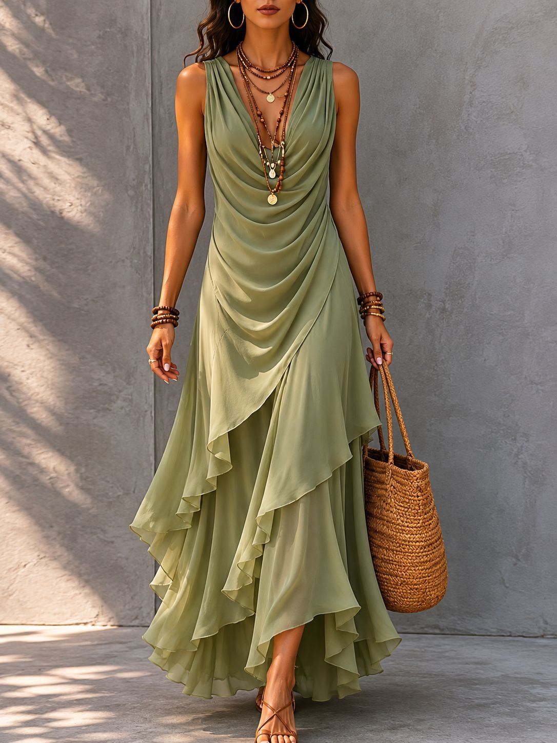 Sleeveless Draped V-Neck Asymmetrical Ruffle Maxi Dress