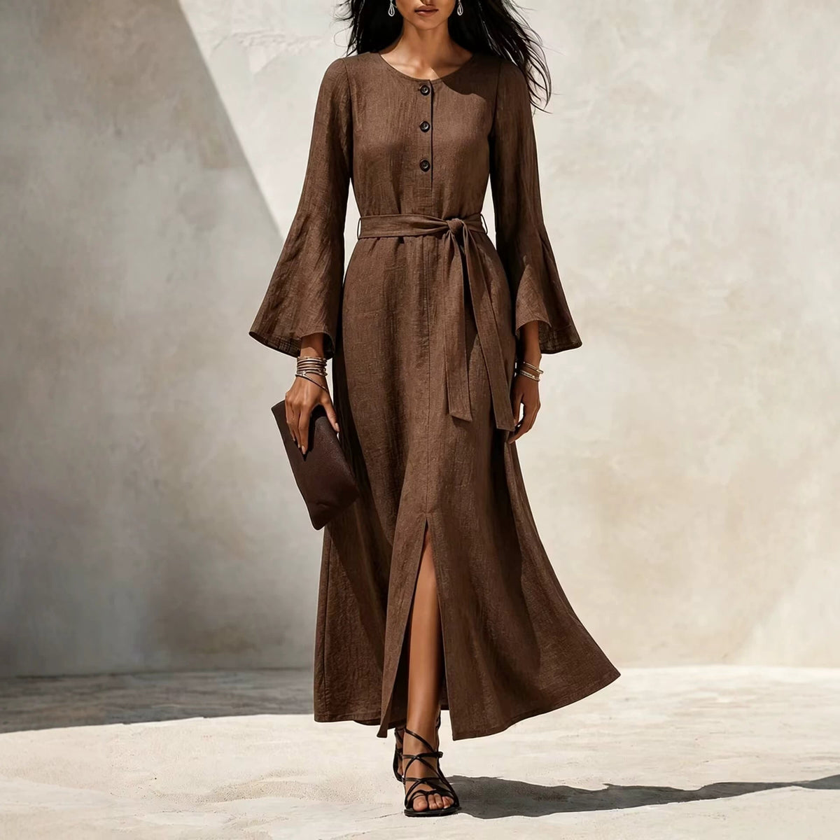Linen‑Blend Flare‑Sleeve Maxi Dress