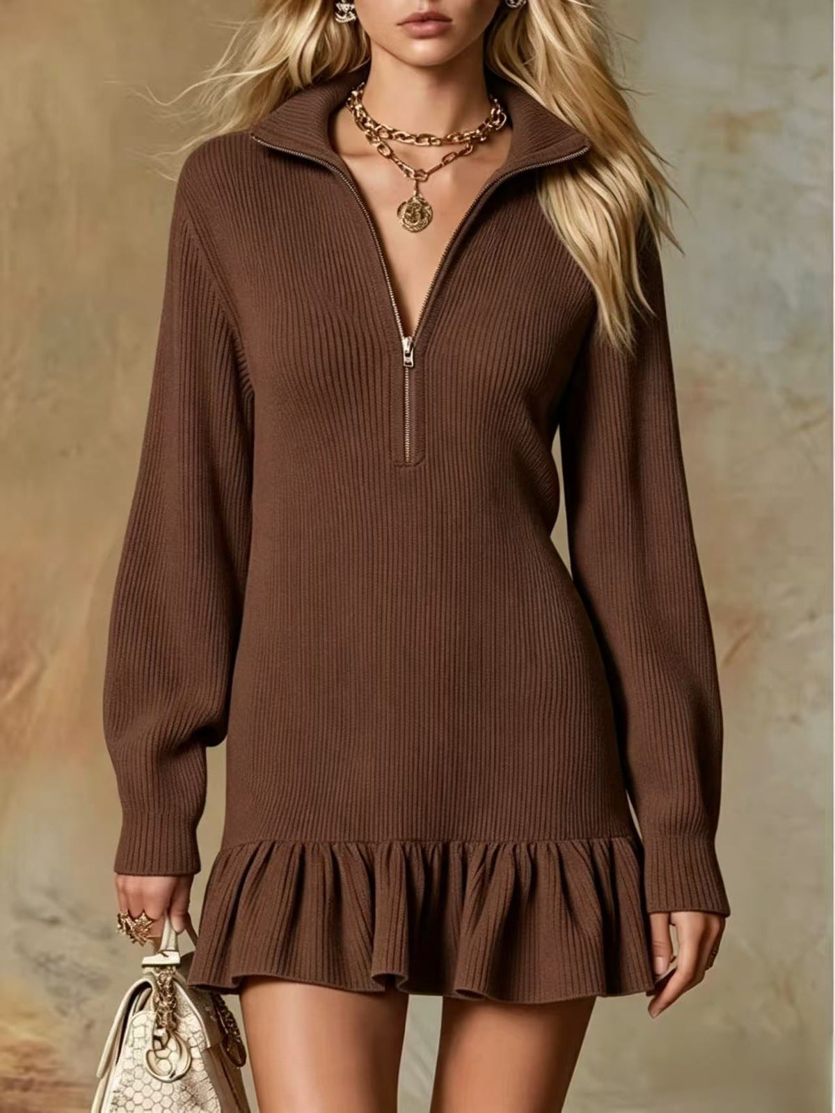 Half‑Zip Collared Ribbed Knit Ruffle Hem Sweater Dress
