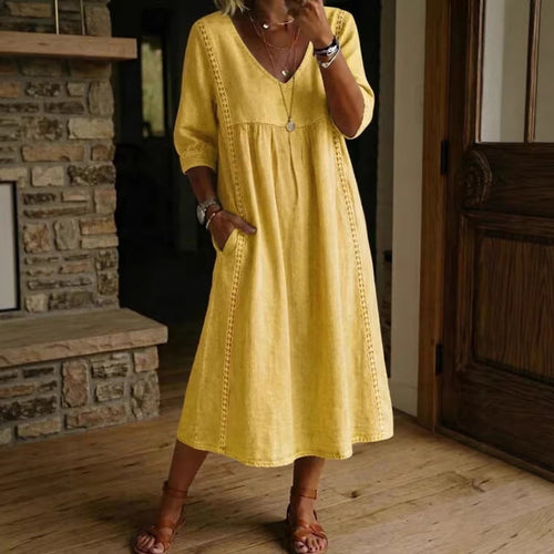 Robe midi élégante à col V en mélange de lin avec inserts en dentelle et poches | Robe décontractée d'été pour femmes