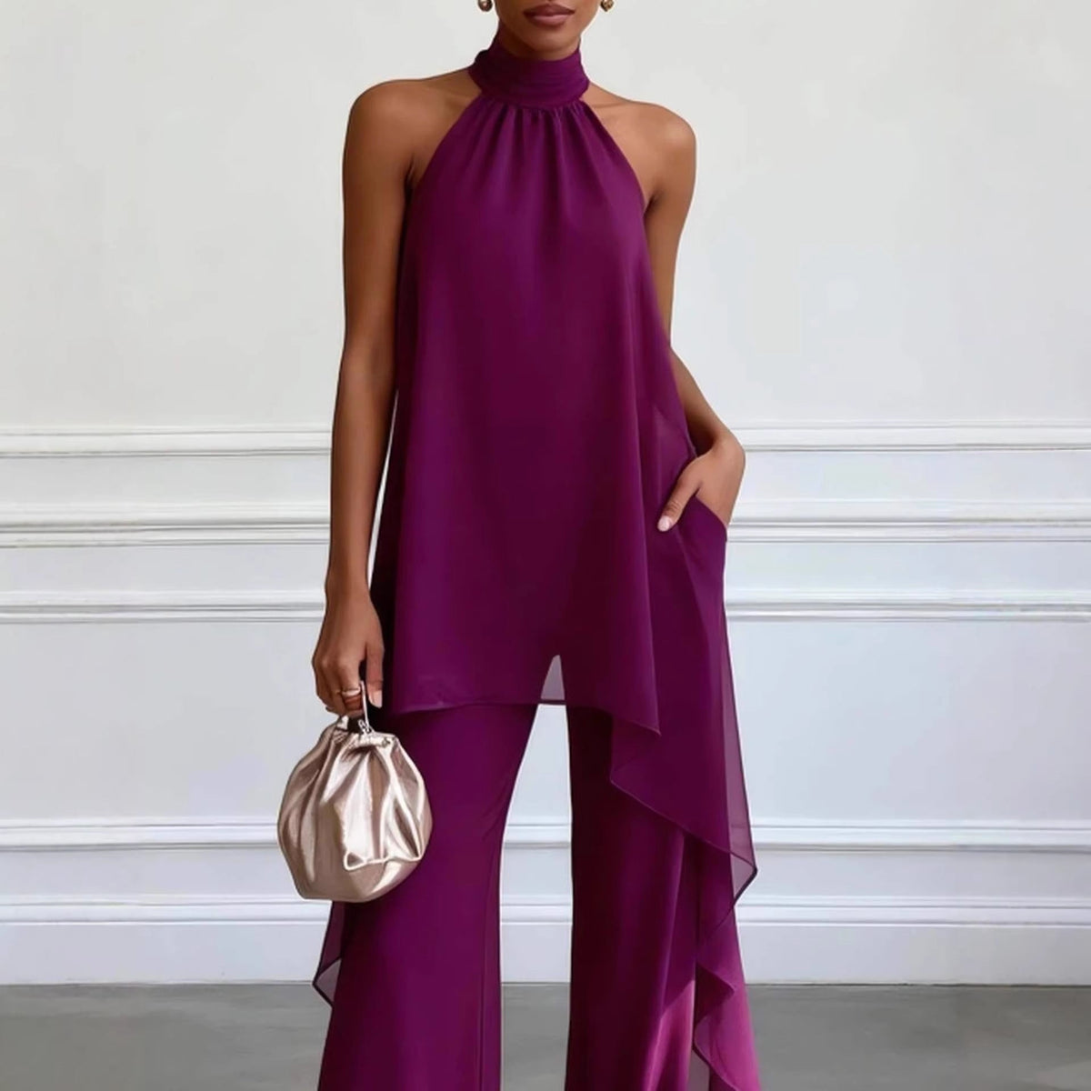 Elegant Deep Purple Chiffon Halter Neck Two-Piece Wide-Leg Pants Set