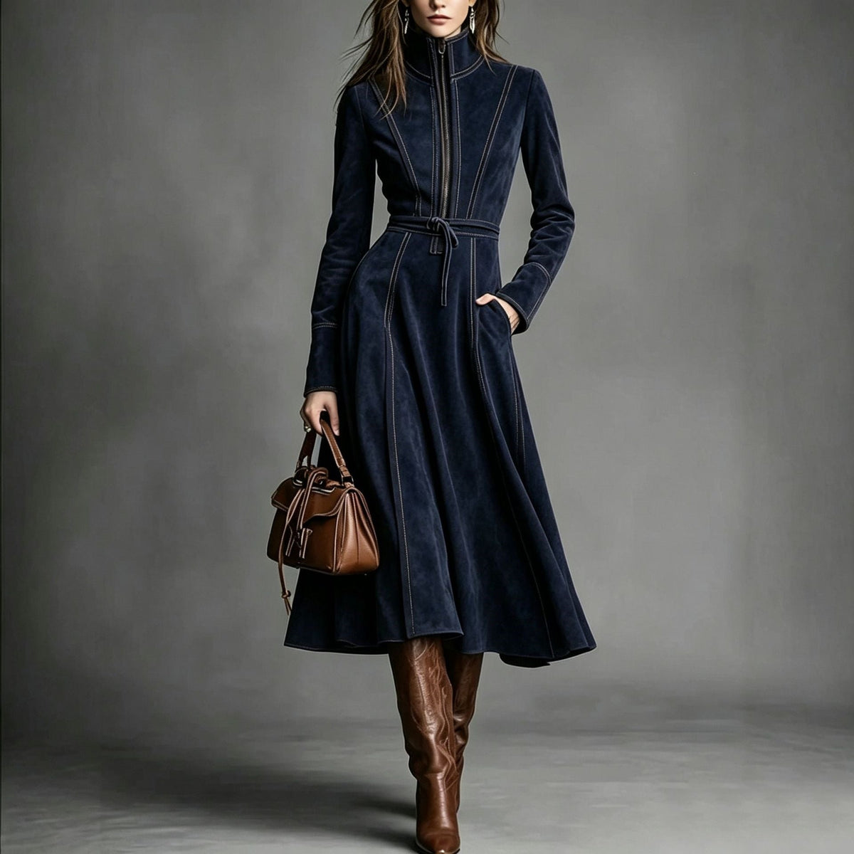 Women's Solid Brown Suede Zip‑Front Belted Long‑Sleeve Midi Dress