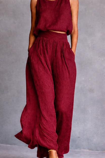 Chartreuse Textured Linen Matching Set, Sleeveless Tank Top & High Waist Flowy Wide Leg Pants