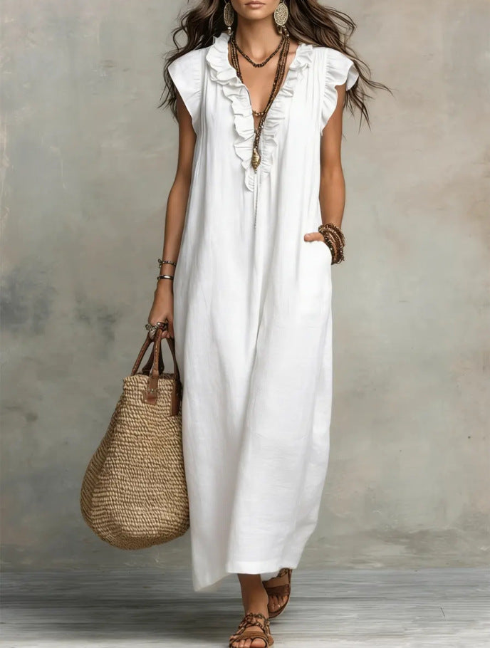 Robe maxi en lin bohème à col V à volants