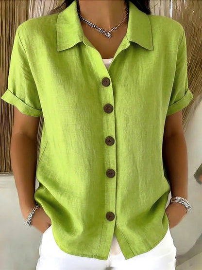 Chemise en lin à manches courtes pour femme, à col rabattu