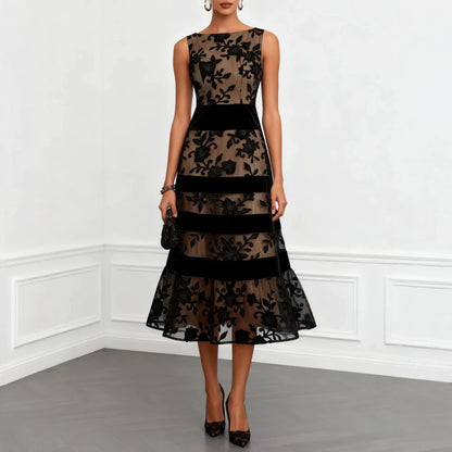 Nude Mesh Black Floral Lace Velvet Strip Sleeveless Midi Dress
