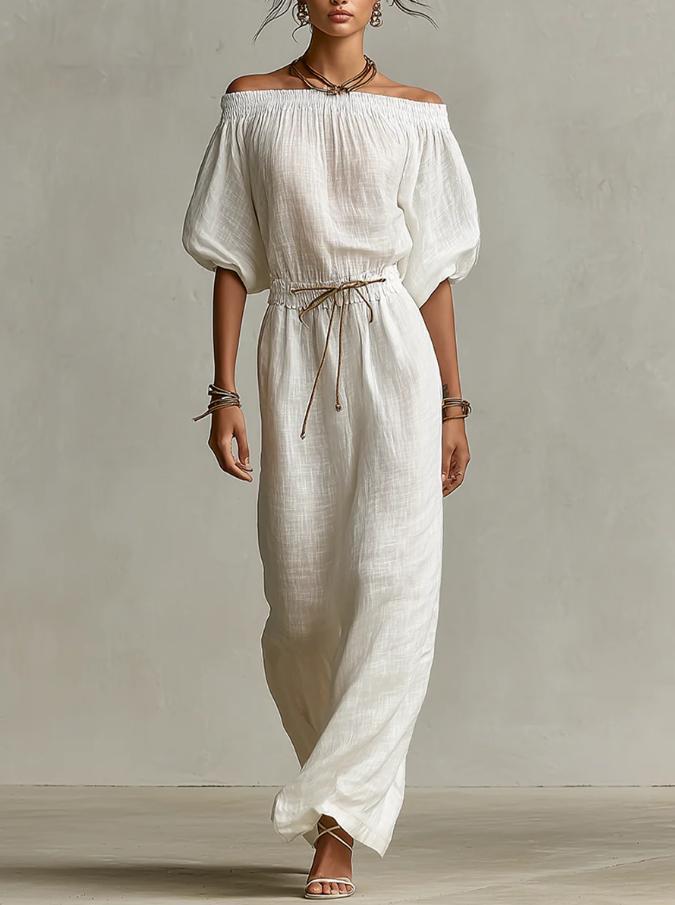 Off‑The‑Shoulder Linen‑Blend Maxi Dress