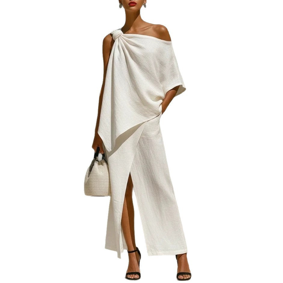 Asymmetric Knot Linen Two-Piece White Set