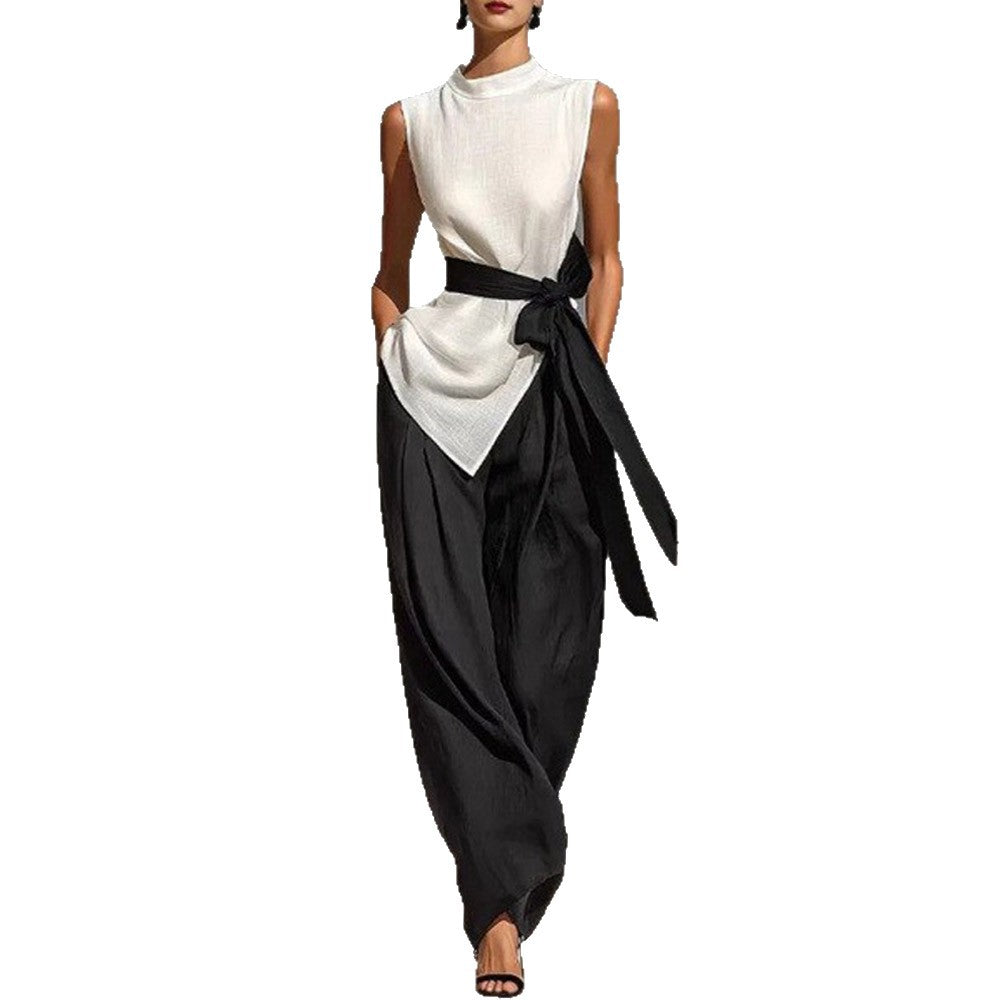 Ensemble deux‑pièces pour femme : haut sans manches à lacets à coloris contrastant + pantalon à jambes larges