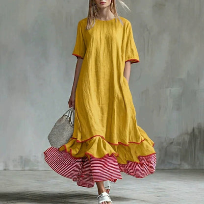 Linen Piping Stripe Ruffle Hem Loose Maxi Dress