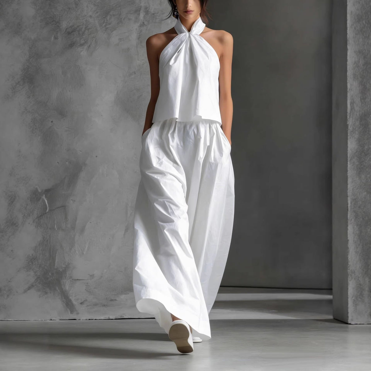 Ensemble formel deux‑pièces à col licou et pantalon jambes larges