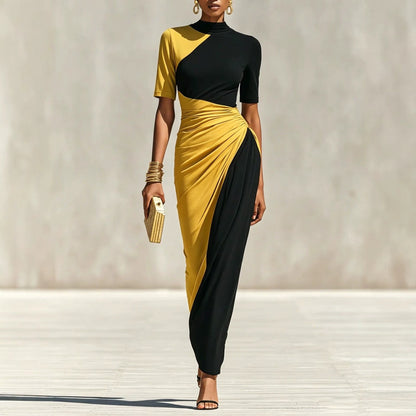 Asymmetrical Color Block Ruched High Neck Midi Bodycon Dress