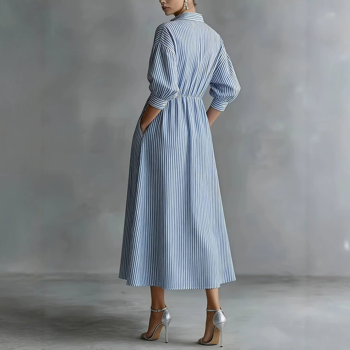 Blue‑White Stripe Ruffle Trim Shirt Midi Dress