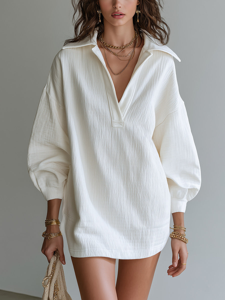Robe Tunique Col V Texture Crinkle Femme Manches Longues Ample Décontractée Mini-Robe