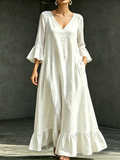 Robe longue en lin mélangé avec col en V, volants et manches évasées