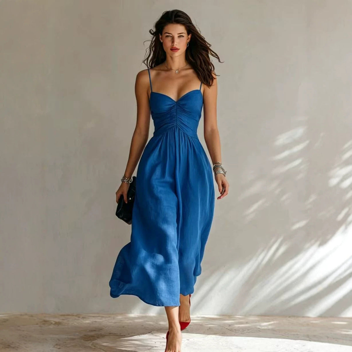 Linen Spaghetti Strap Sweetheart Ruched Bust Flowy Midi Dress