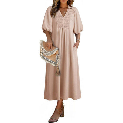 Smocked V‑Neck Puff‑Sleeve Midi Dress - Oatmeal color / S