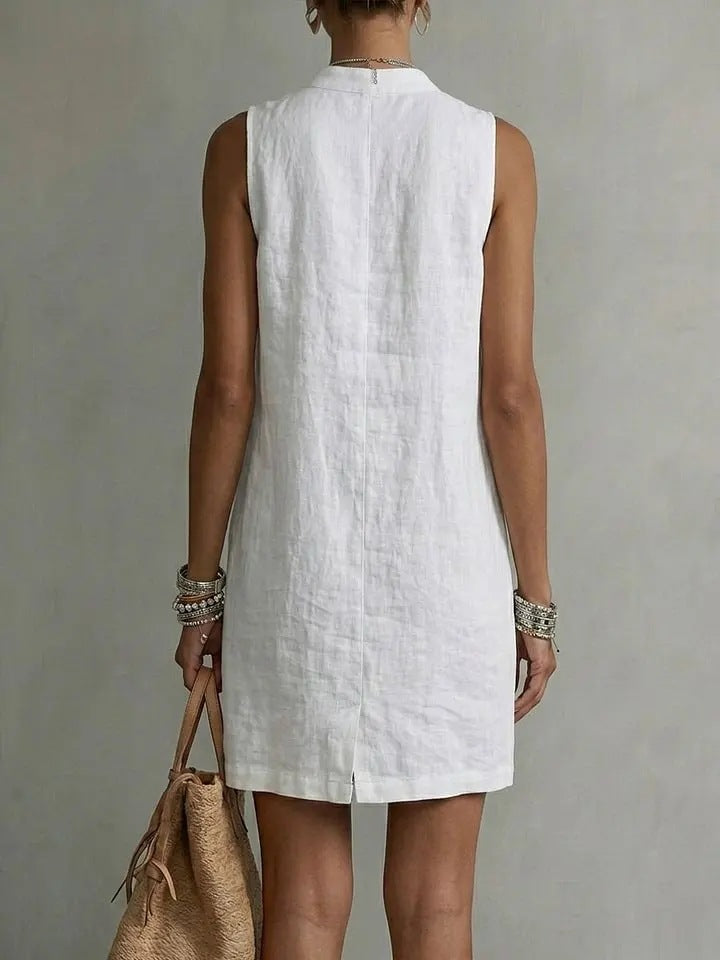 Robe mini en lin sans manches à boutons