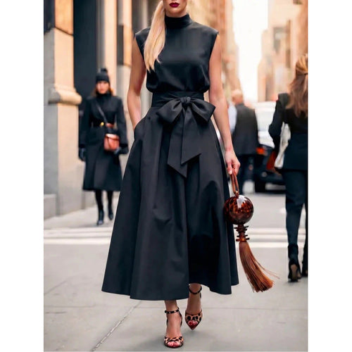 Black Turtleneck Sleeveless Dress A-Line Skirt Elegant And Fashionable Long Skirt