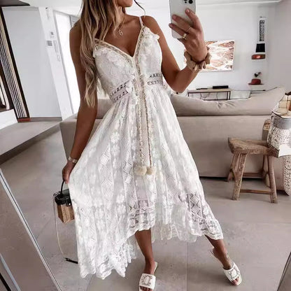 Scalloped Lace Spaghetti Strap High Low Flowy Maxi Dress