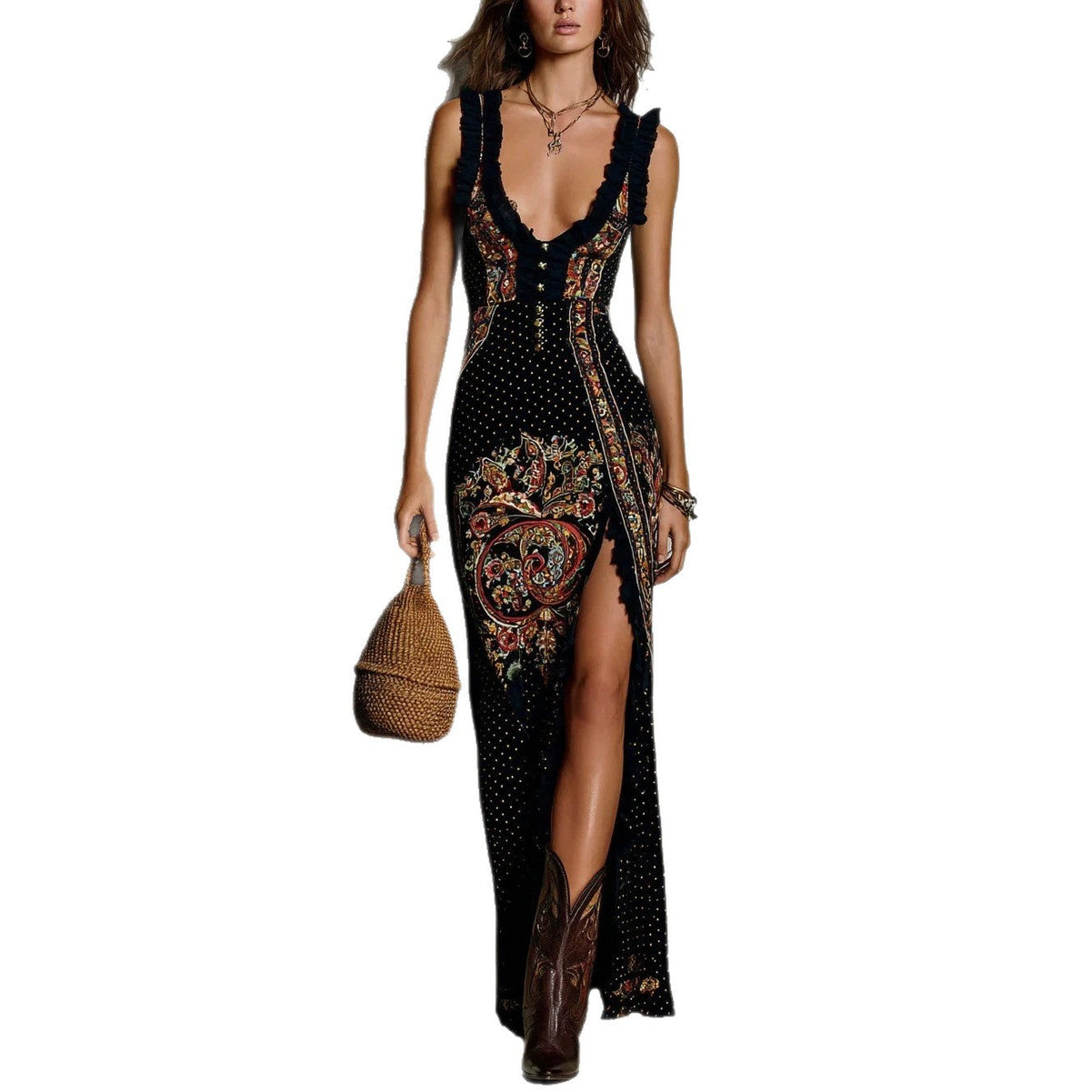 Digital Print Sleeveless Split Maxi Dress – High-Waist V-Neck Long Dress for Women