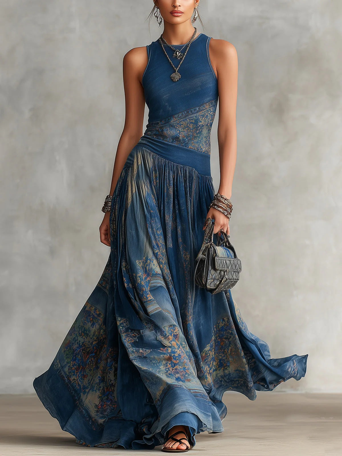 Robe débardeur élégante sans manches imprimée rétro