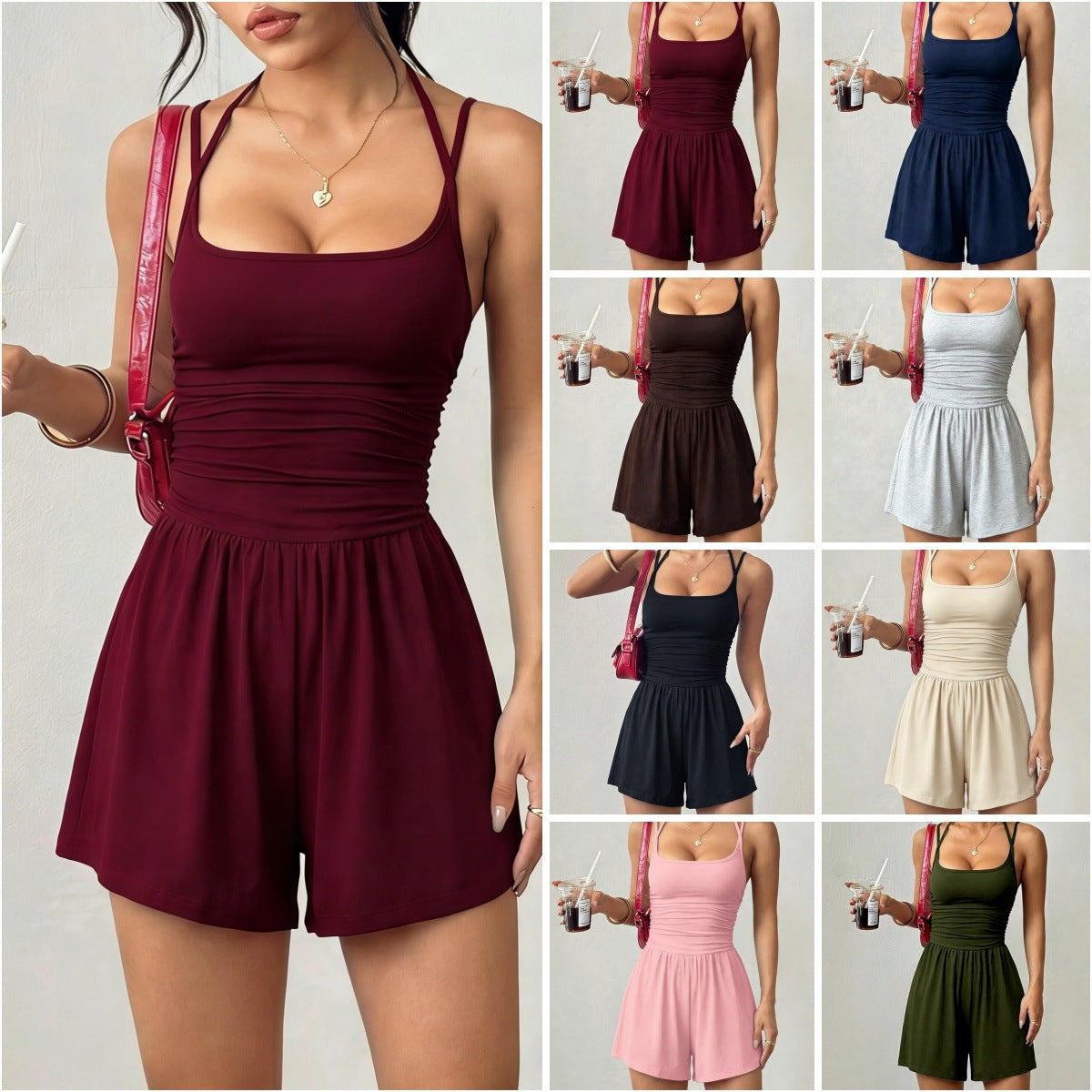 Combinaison‑pantalon décontractée à plis ample et jambe droite pour femme Flirla