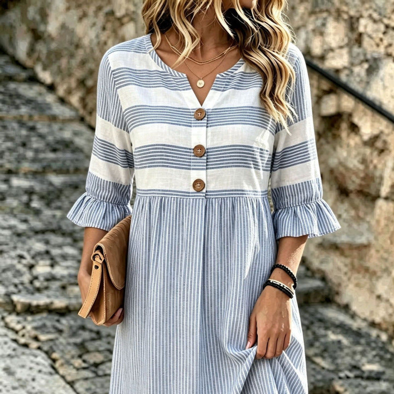 Robe mi-longue en lin mélangé à imprimé rayé et motifs mélangés Stripe