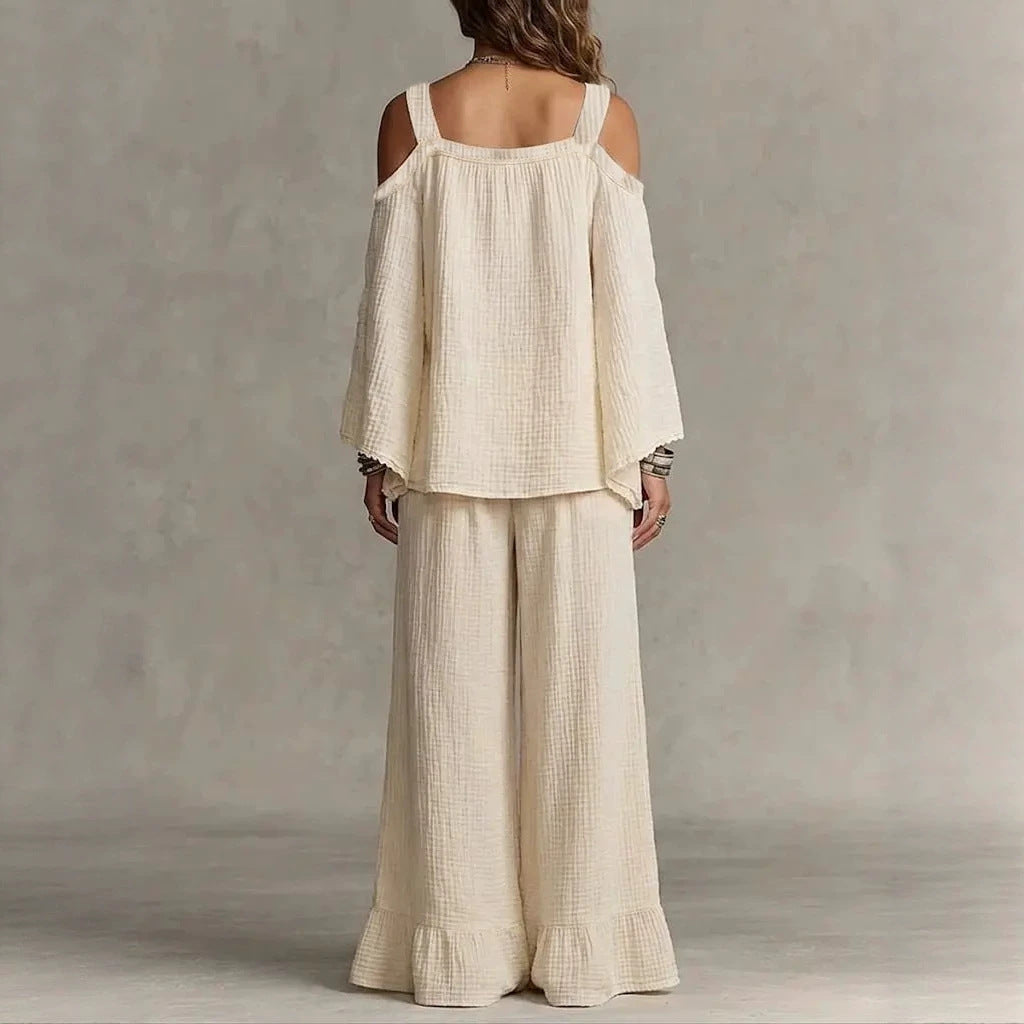 Women Solid Textured Cold Shoulder Batwing Top Elastic Waist Ruffle Wide Leg Pants Matching Set