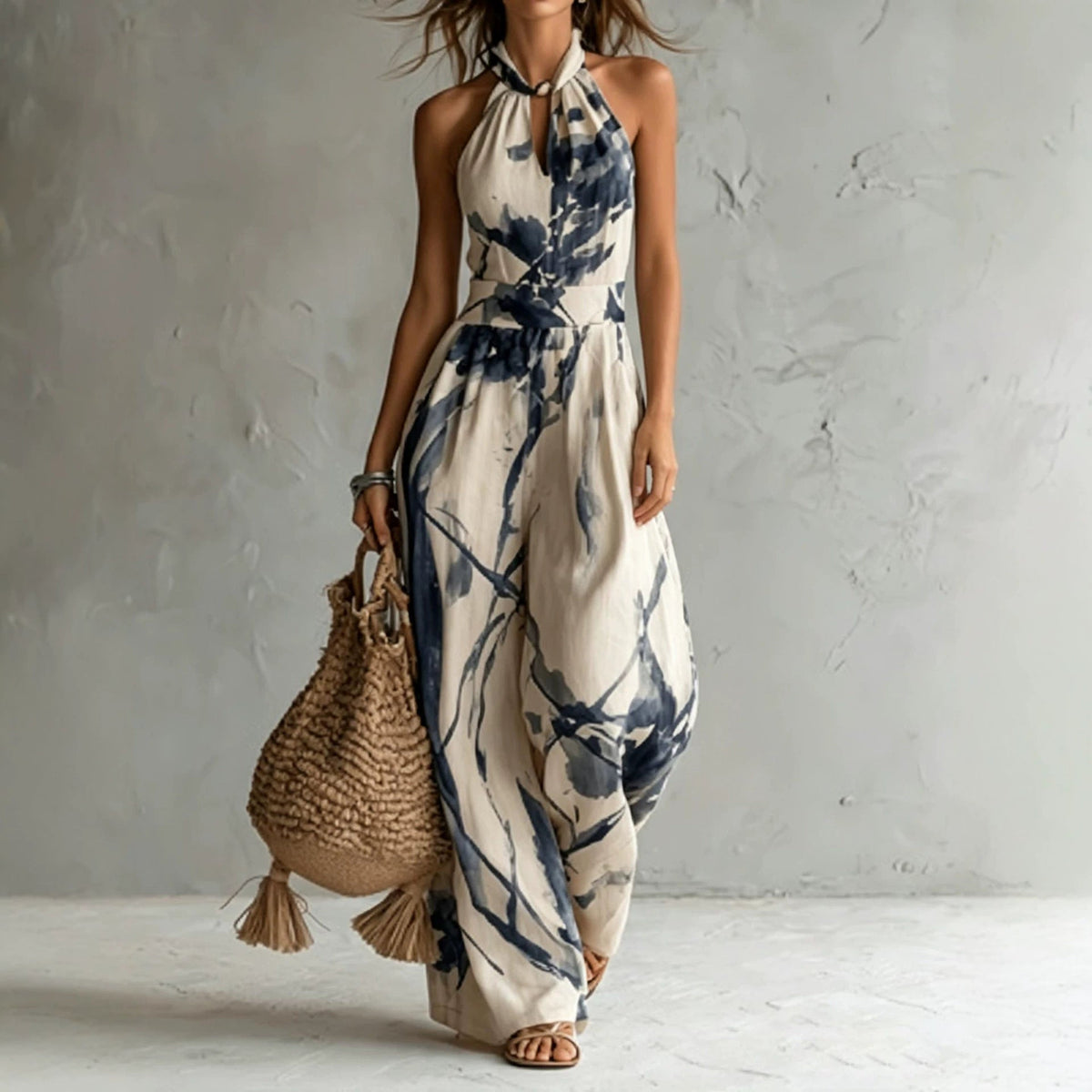 Halter Neck Ink‑Wash Floral Wide‑Leg Jumpsuit