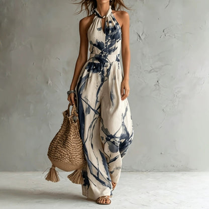 Halter Neck Ink‑Wash Floral Wide‑Leg Jumpsuit