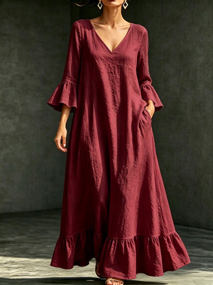 Robe longue en lin mélangé avec col en V, volants et manches évasées