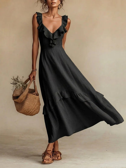 Robe longue maxi mélange lin à volants